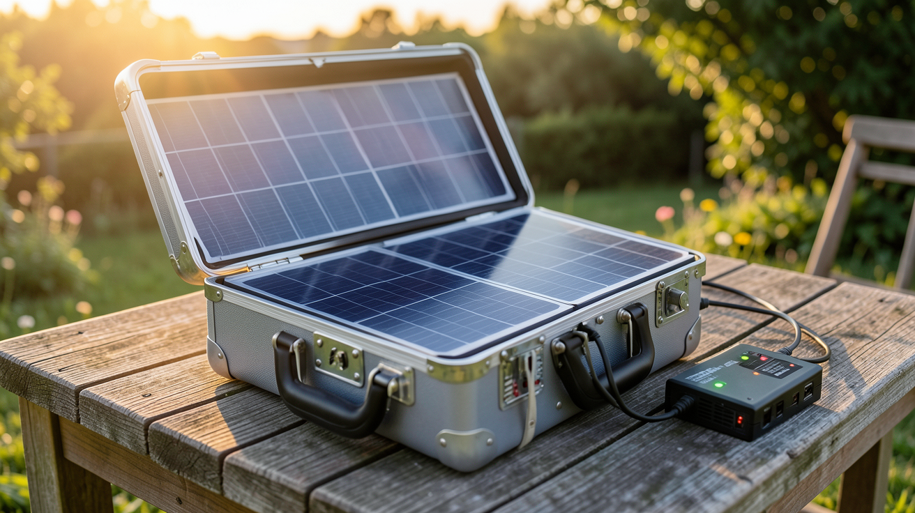 valise solaire ouverte avec panneaux photovoltaïques déployés et câble de connexion sur une table en bois extérieur