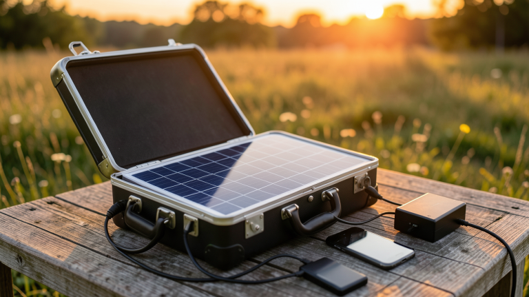 valise solaire ouverte avec panneau solaire déployé, posée sur une table en bois en plein air