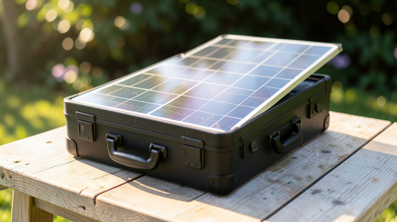 valise solaire moderne avec panneaux solaires déployés posée sur une table en bois clair à l'extérieur
