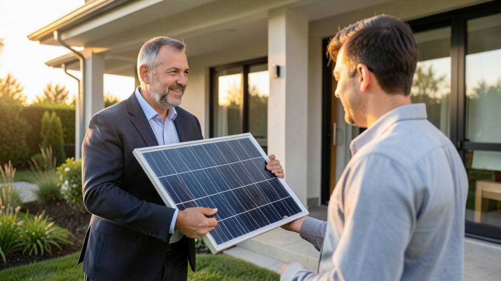 vendeur panneau solaire discutant avec un client devant une maison équipée de panneaux photovoltaïques