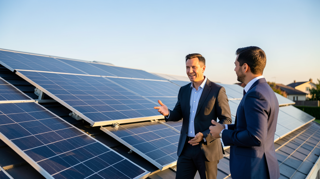 vendeur de panneaux solaires discutant des prix avec un client devant une installation résidentielle en 2024