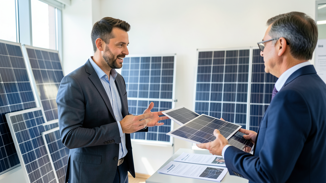 vendeur panneau solaire expliquant les étapes clés pour acheter des panneaux solaires à un client dans un showroom professionnel