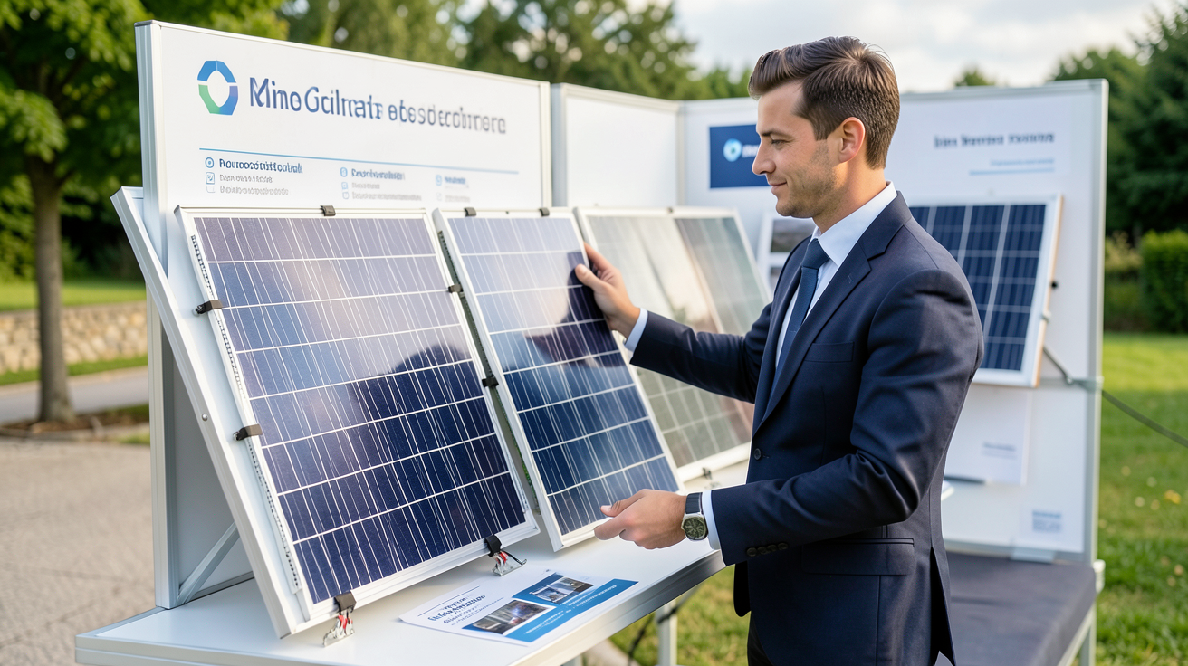 vendeur panneau solaire présentant différents types de panneaux solaires et leurs spécificités techniques