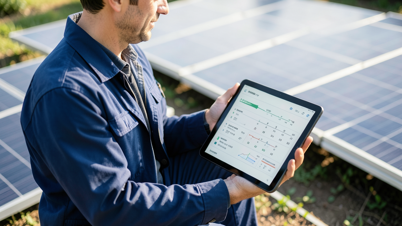 vente de panneaux photovoltaïques : technicien calculant la puissance nécessaire pour une installation solaire avec une tablette numérique