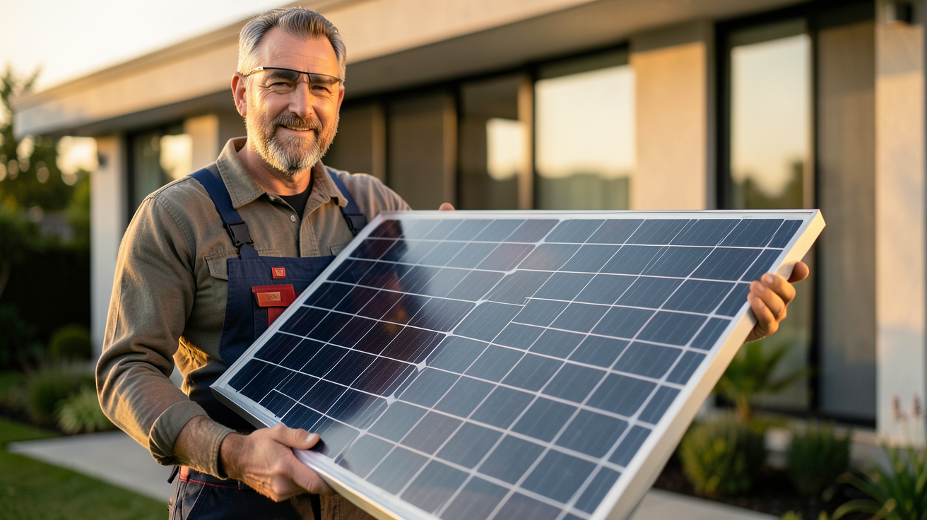 vente de panneaux photovoltaïques : installateur professionnel tenant un panneau solaire devant une maison moderne