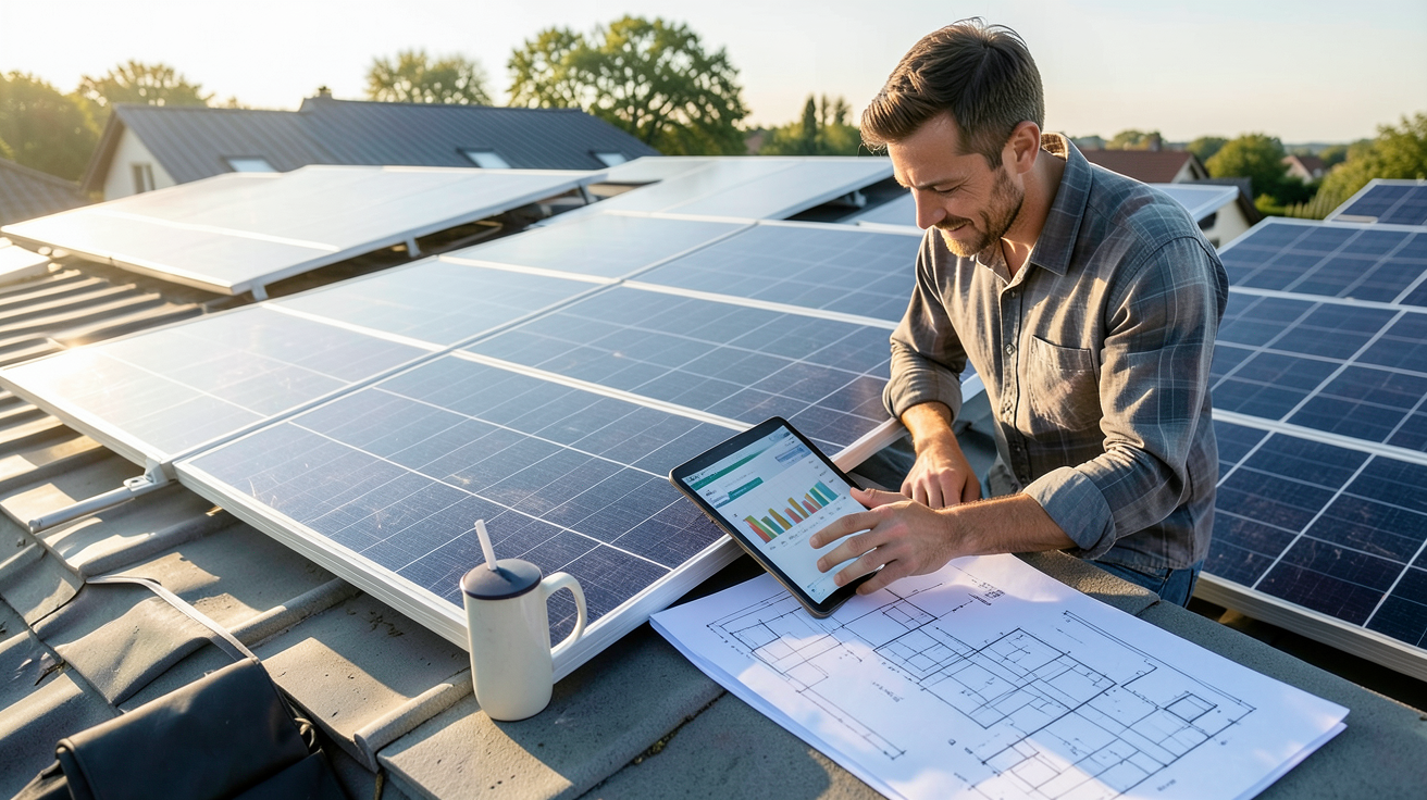 vente de panneaux solaires : technicien calculant la puissance nécessaire pour une installation sur un toit