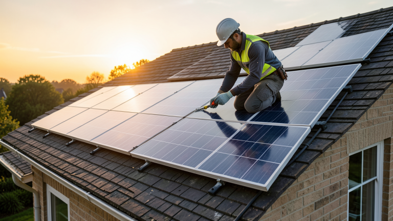 vente de panneaux solaires installation en cours sur le toit d'une maison moderne