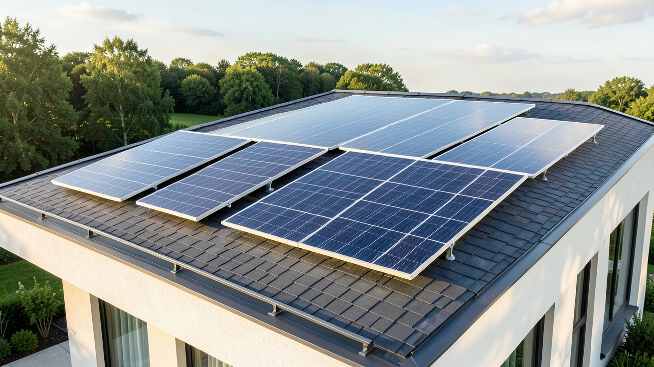vente de panneaux solaires : différents types de panneaux solaires (monocristallin, polycristallin et à couches minces) installés sur le toit d'une maison moderne