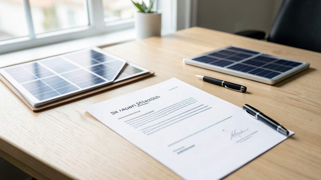 vente électricité panneau photovoltaïque contrat de rachat posé sur un bureau avec panneaux solaires miniatures