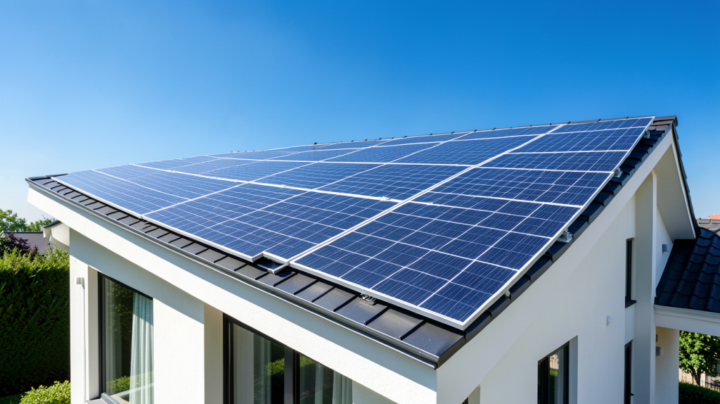 vente electricité panneau photovoltaique installés sur un toit résidentiel moderne sous le soleil