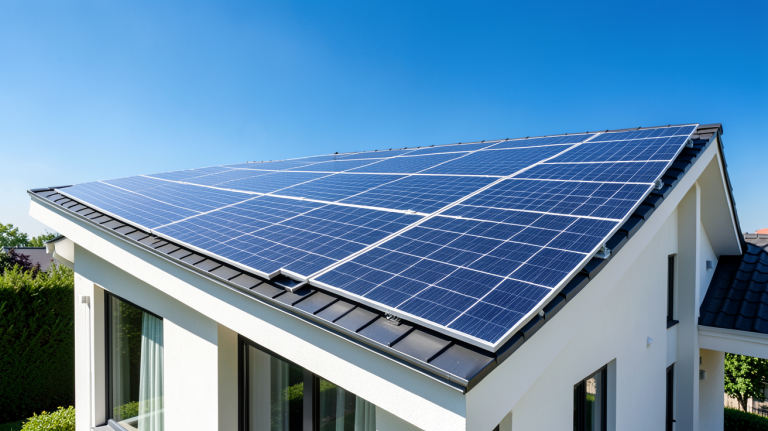 vente electricité panneau photovoltaique installés sur un toit résidentiel moderne sous le soleil