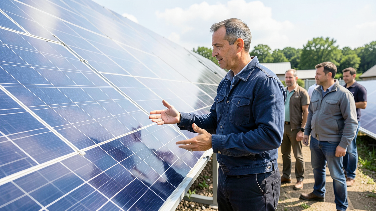 vente electricite panneau solaire montrant un professionnel expliquant les étapes de vente et les démarches administratives devant des panneaux solaires