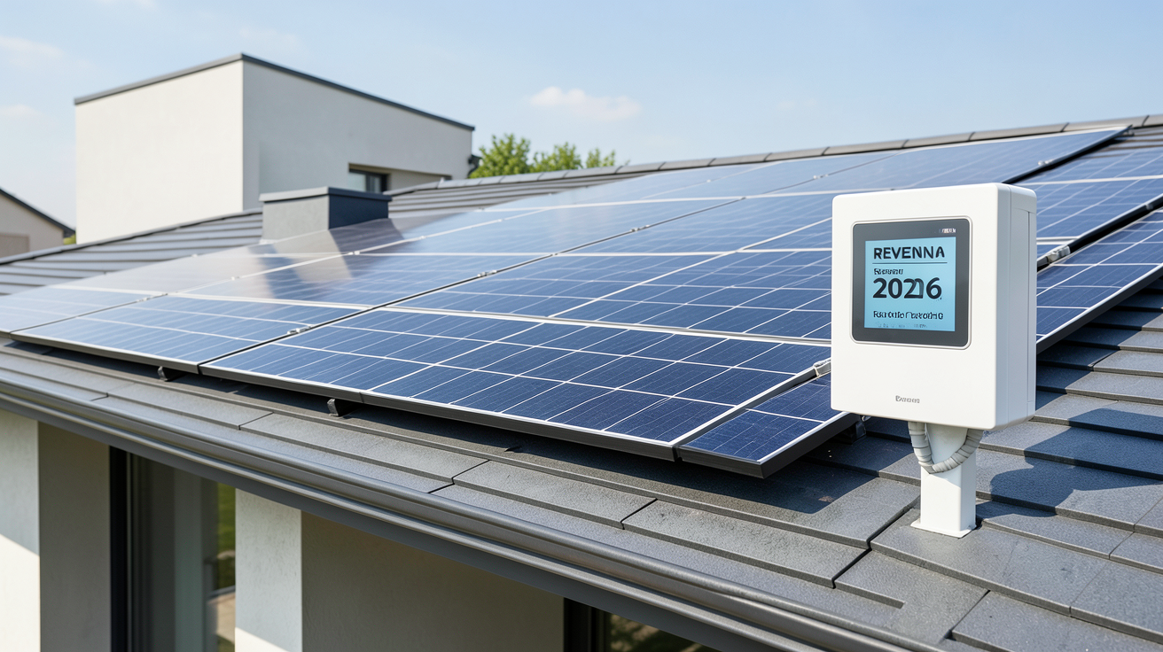 vente electricite panneau solaire illustration de panneaux photovoltaïques sur toit résidentiel avec un compteur montrant le gain estimé pour les tarifs de rachat 2026