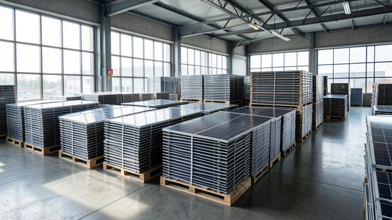 vente en gros panneau solaire empilés dans un entrepôt industriel moderne