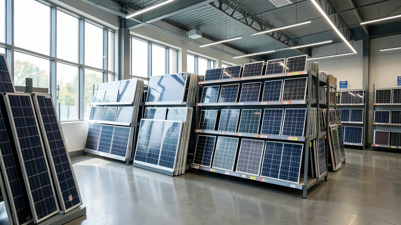 vente en gros panneau solaire montrant les principaux grossistes en France dans un entrepôt moderne