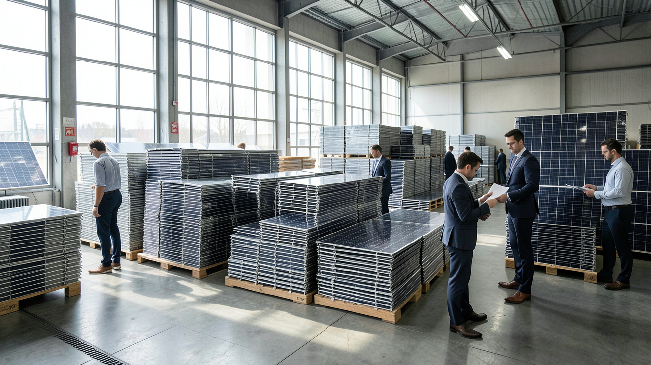 vente en gros panneau solaire processus d'achat étape par étape dans un entrepôt moderne