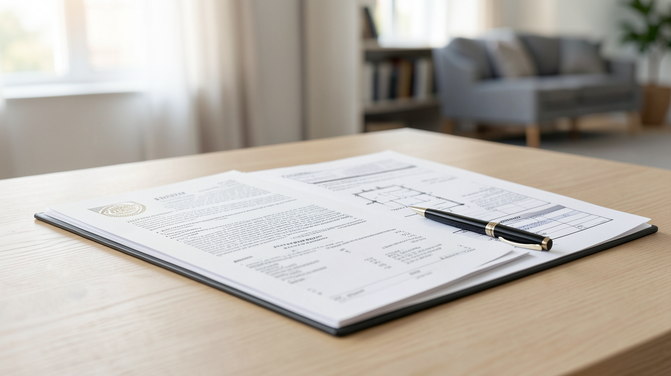 vente maison avec panneaux photovoltaïques illustrée par un dossier de documents et de certificats sur une table en bois.