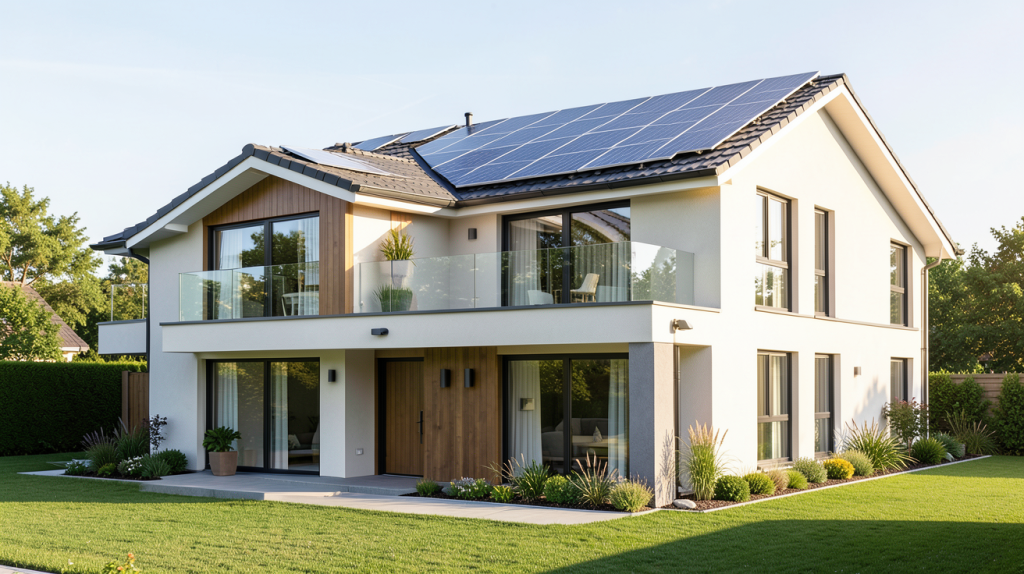vente maison avec panneaux photovoltaïques installés sur le toit d'une demeure contemporaine