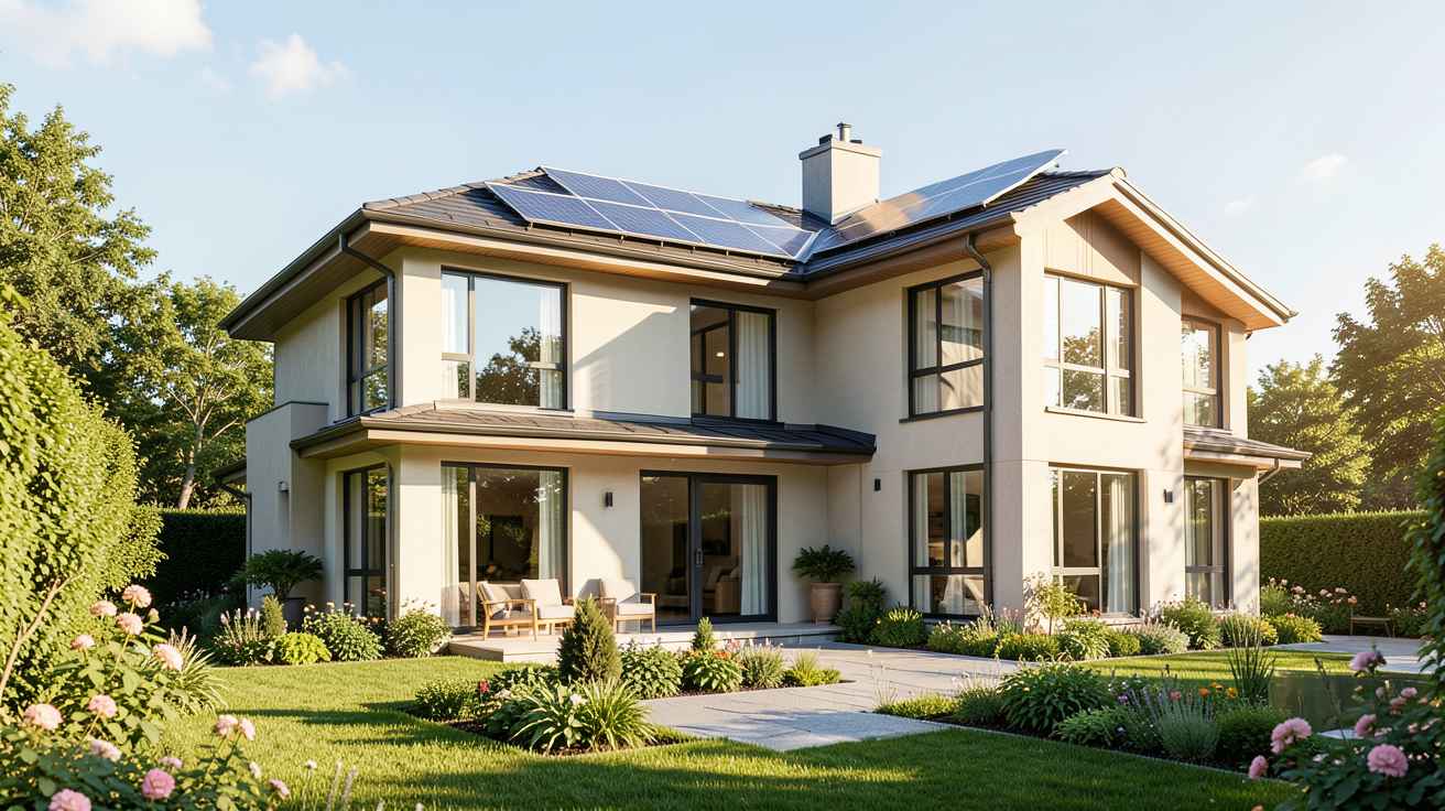 vente maison avec panneaux photovoltaïques montrant une propriété moderne et écologique