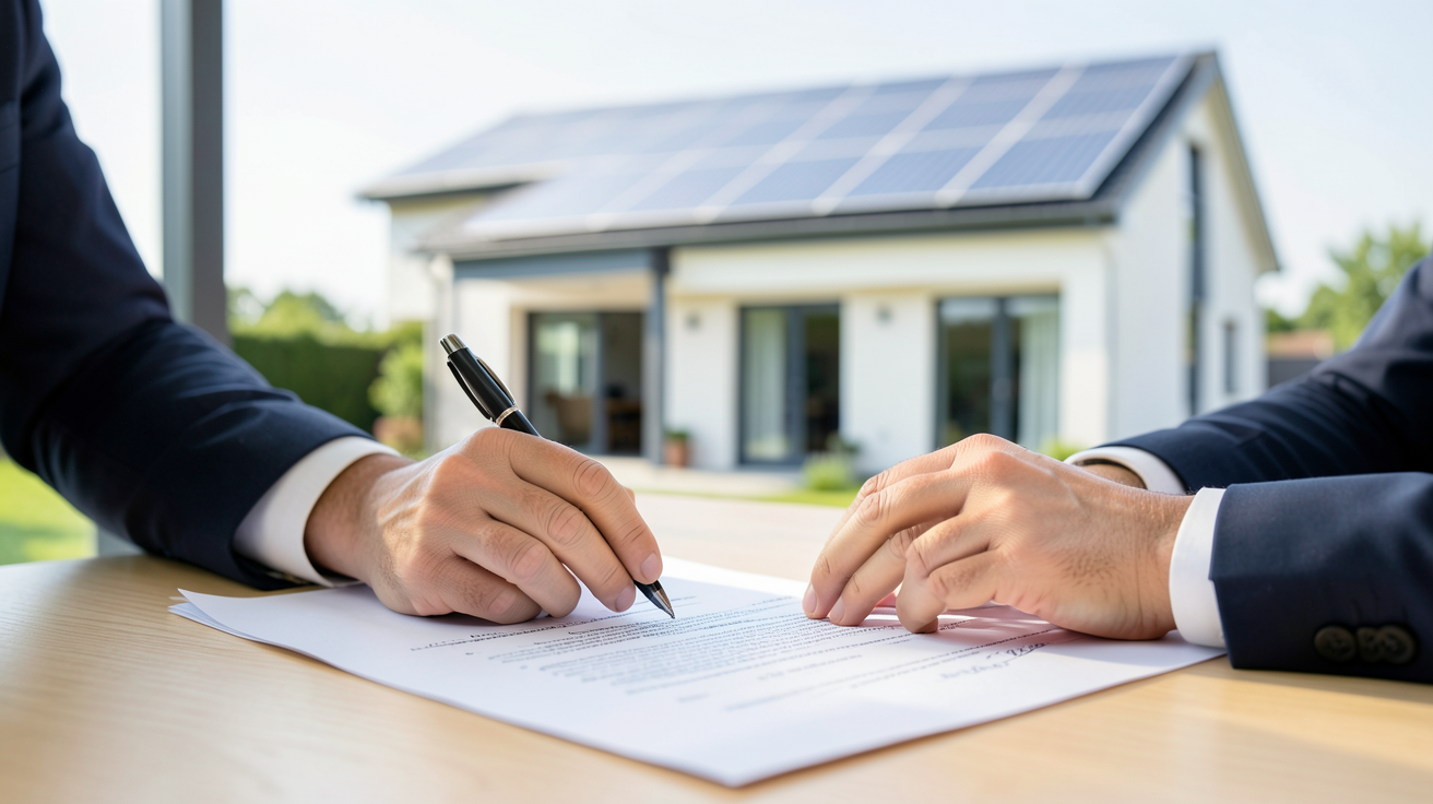 vente maison avec panneaux photovoltaïques illustrée par la signature des documents de cession du contrat.