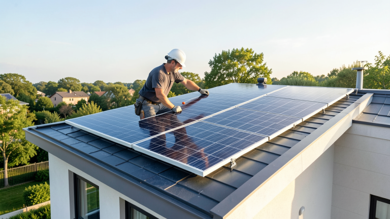 vente panneau solaire installation en cours sur le toit d'une maison moderne