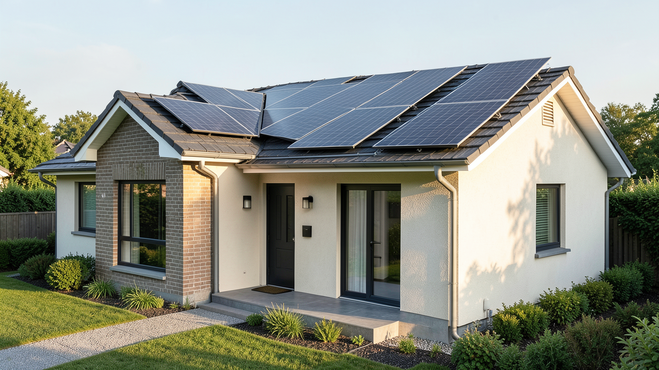 vente panneau solaire prix 2024 : maison équipée de panneaux solaires photovoltaïques noirs sur le toit
