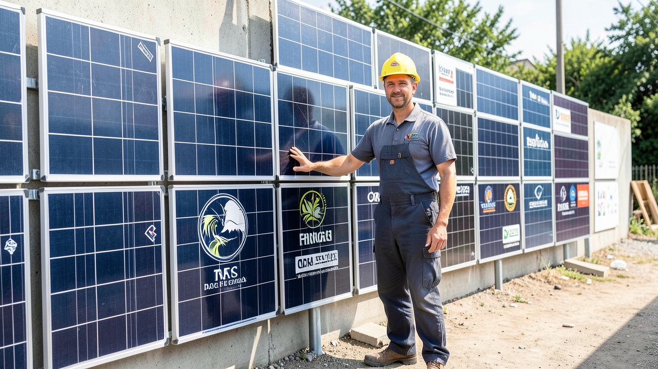 vente panneau solaire : installateur professionnel devant un mur d'exposition de panneaux solaires de marques premium en 2024