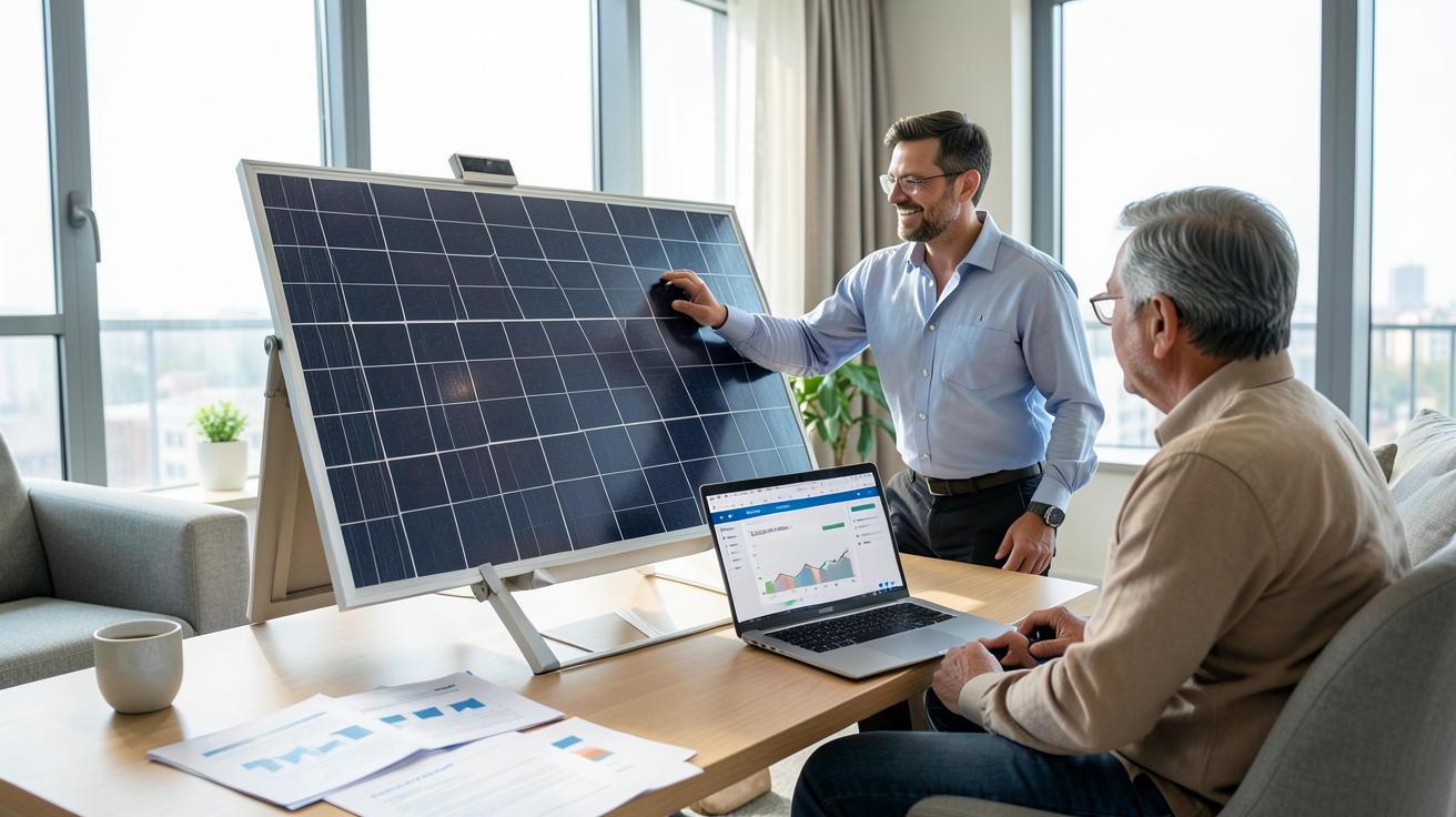 vente panneaux photovoltaïques : installateur expliquant les aides financières 2024 à un couple dans un salon moderne