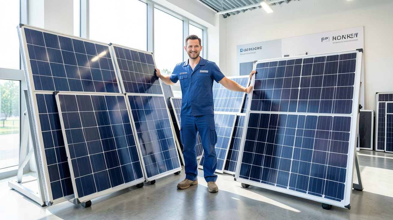 vente panneaux photovoltaïques : installateur montrant différents modèles de panneaux solaires en silicium monocristallin et polycristallin dans un showroom moderne