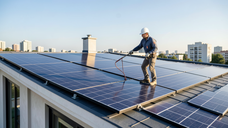 vente panneaux photovoltaïques installation sur toit de maison urbaine moderne
