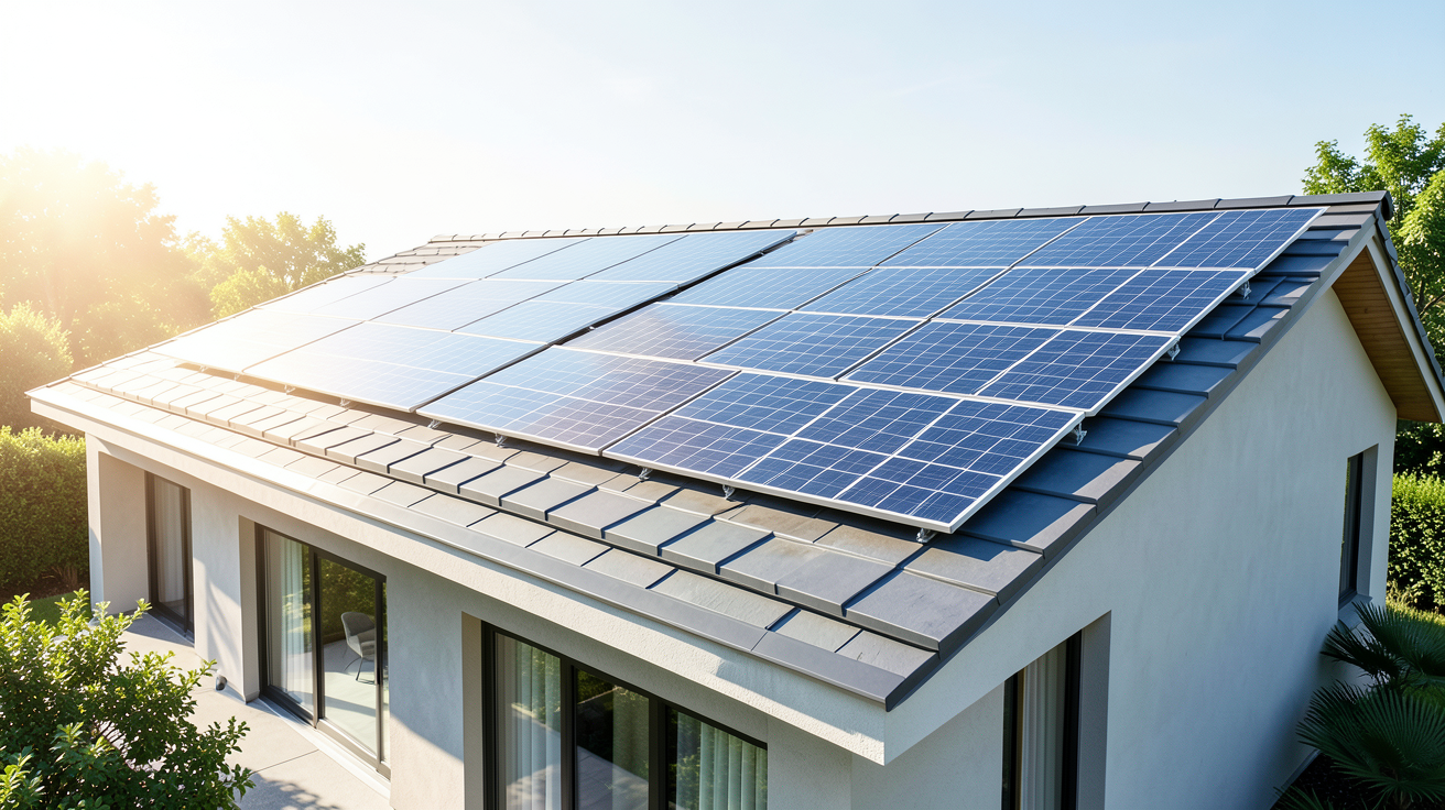 vente photovoltaique de panneaux solaires installés sur une toiture résidentielle moderne.