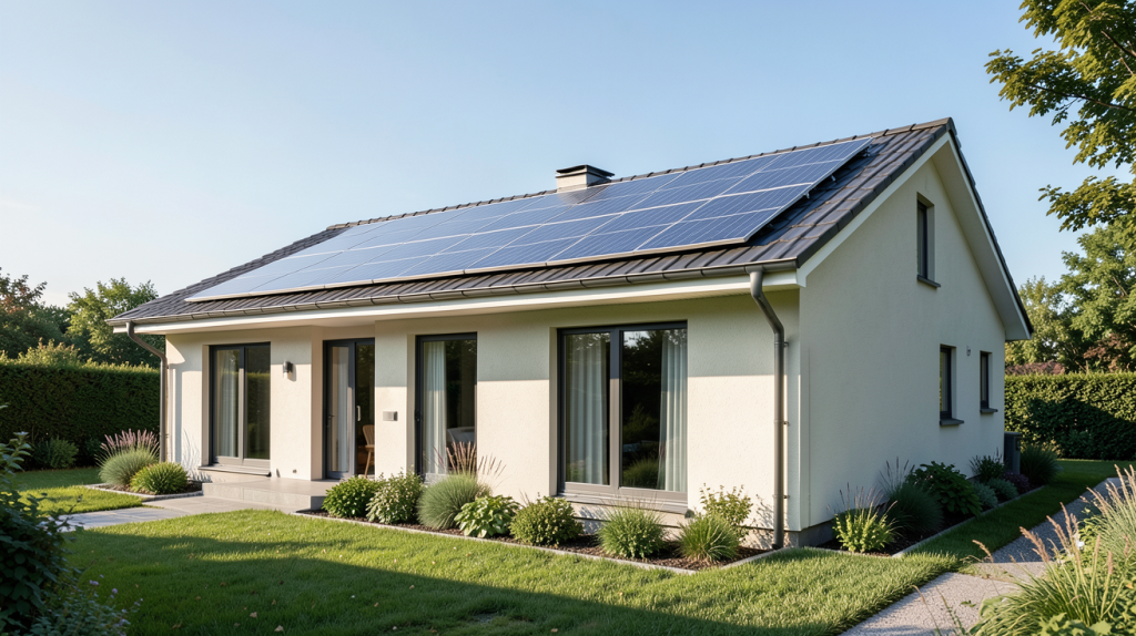 vente photovoltaïque d'une maison équipée de panneaux solaires sur le toit sous un ciel dégagé