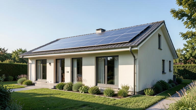 vente photovoltaïque d'une maison équipée de panneaux solaires sur le toit sous un ciel dégagé