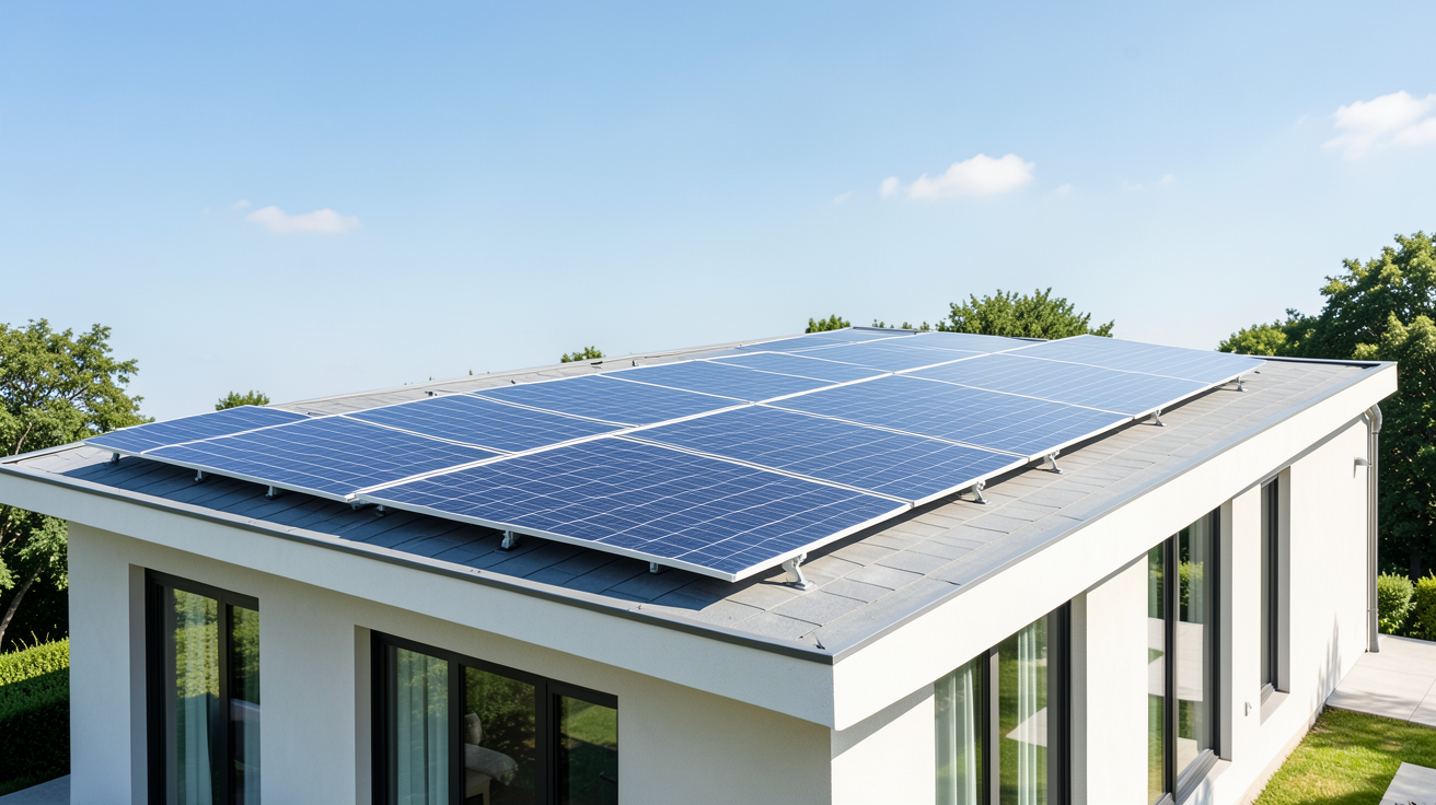vente photovoltaique avec des panneaux solaires installés sur la toiture d'une maison moderne
