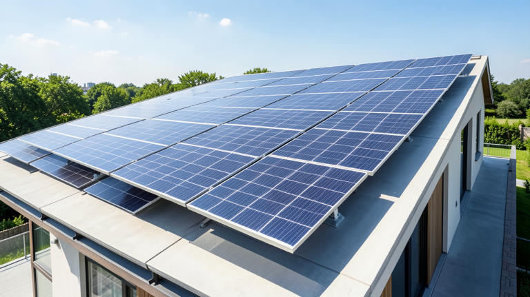 vente totale photovoltaique de panneaux solaires installés sur le toit d'une maison moderne