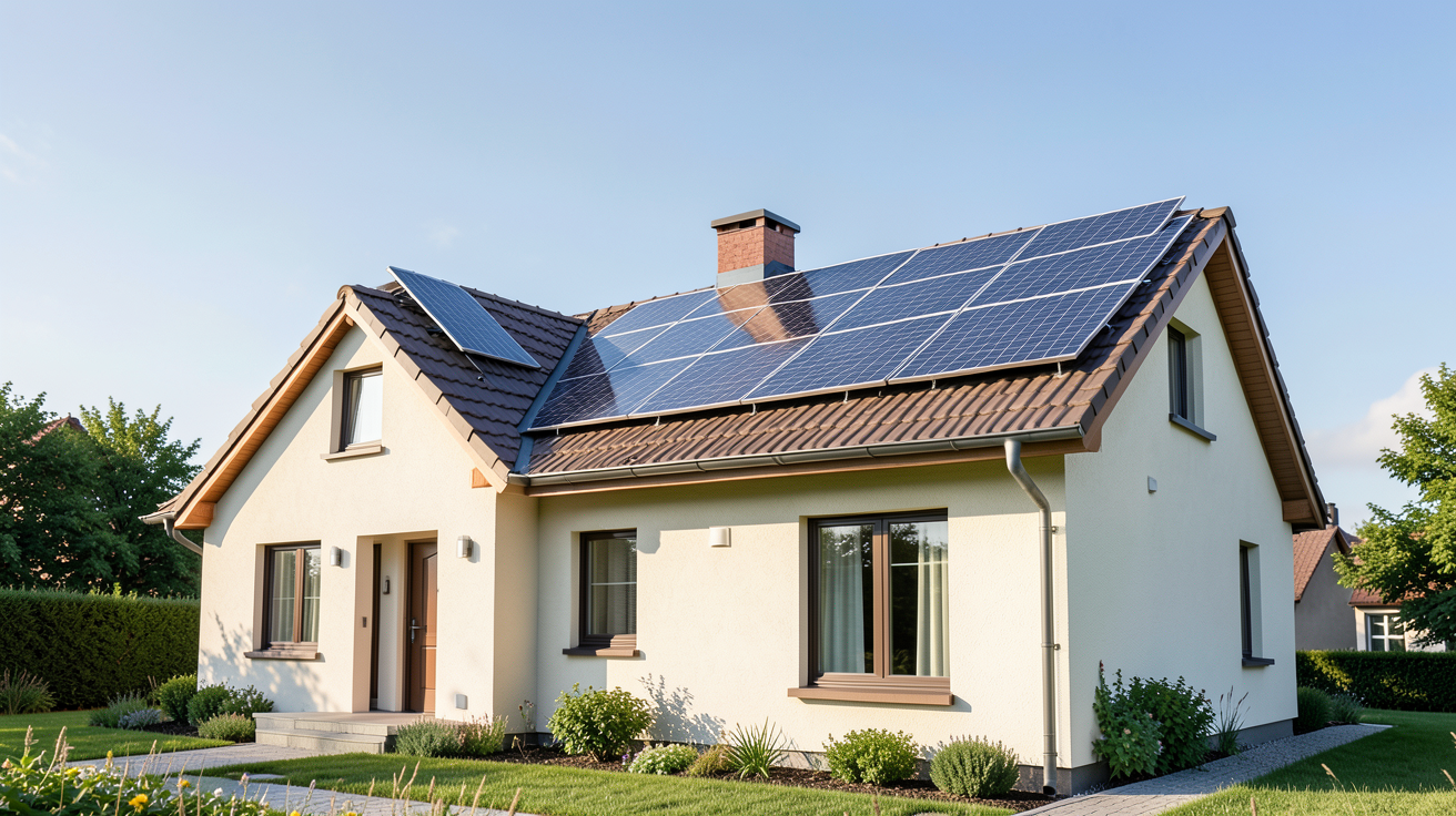 vente totale photovoltaïque : maison avec panneaux solaires sur le toit sous un ciel dégagé