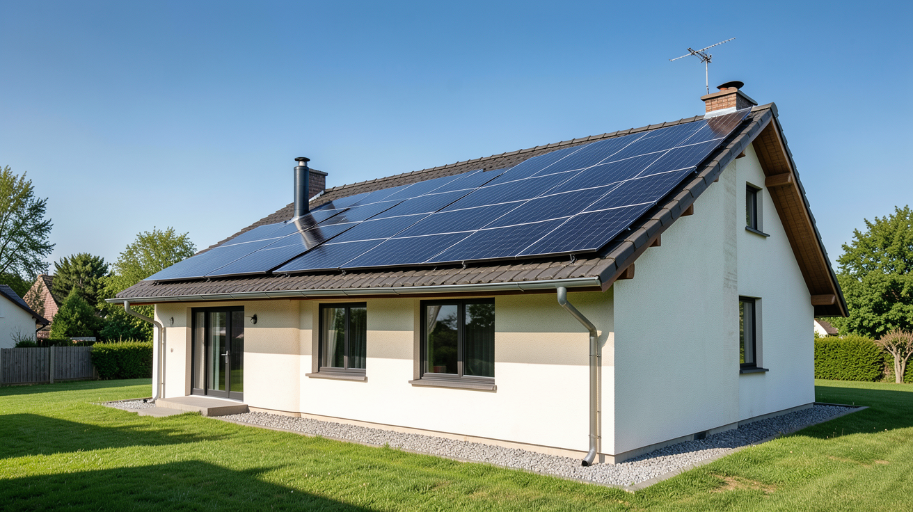 vente totale photovoltaïque : maison équipée de panneaux solaires noirs sur toit incliné, projet rentable en autoconsommation totale