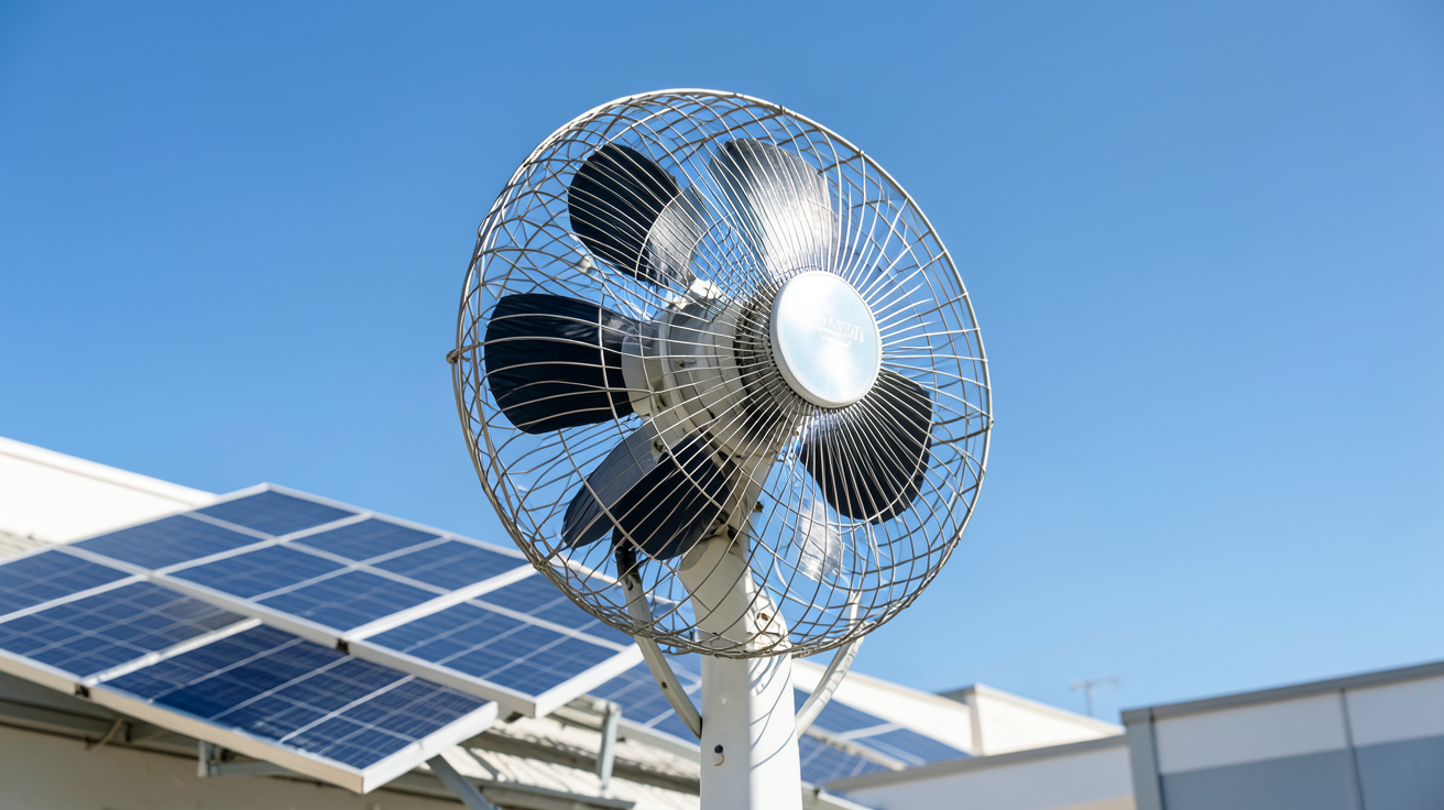 ventilateur à panneau solaire en fonctionnement sur un toit avec ciel bleu