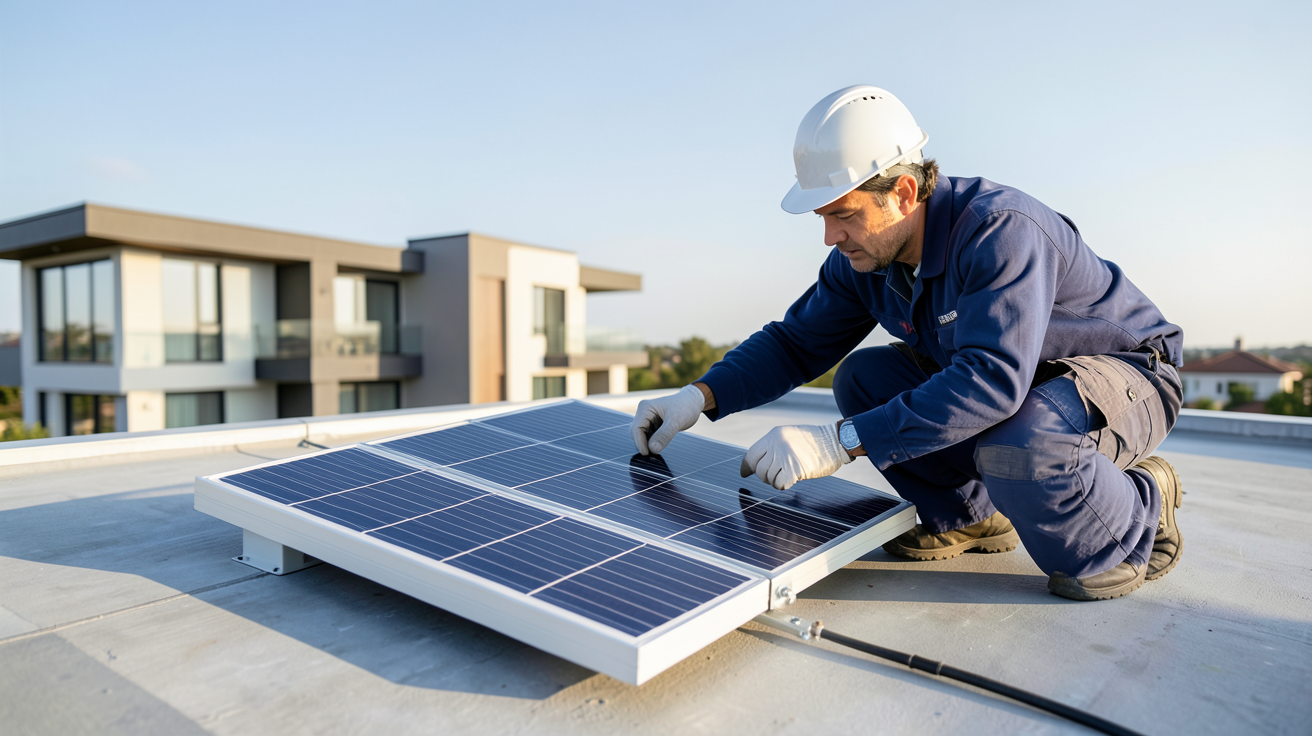 ventilateur panneau solaire en cours d'installation sur un toit par un technicien