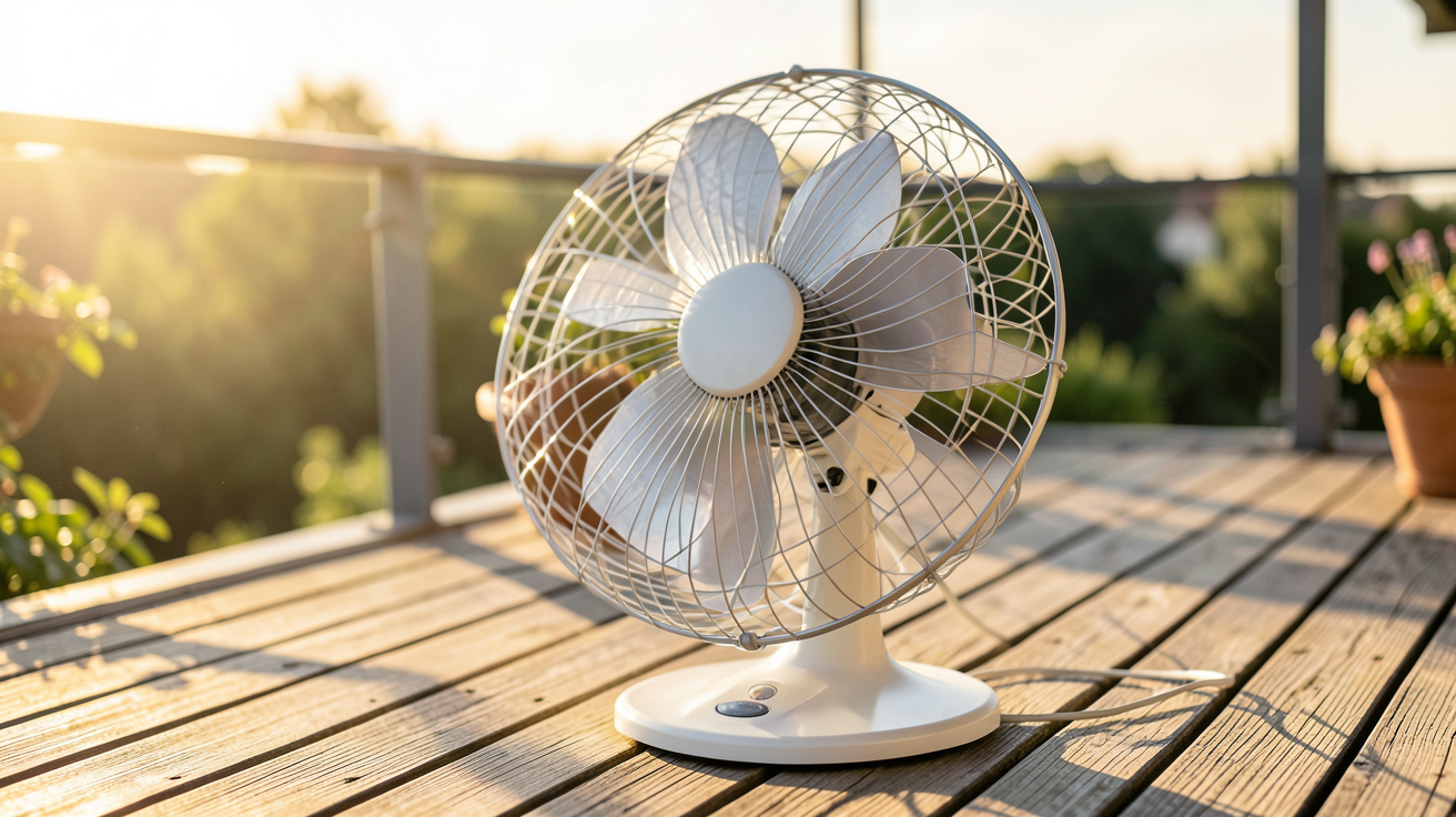 ventilateur à panneau solaire installé sur une terrasse en bois en été