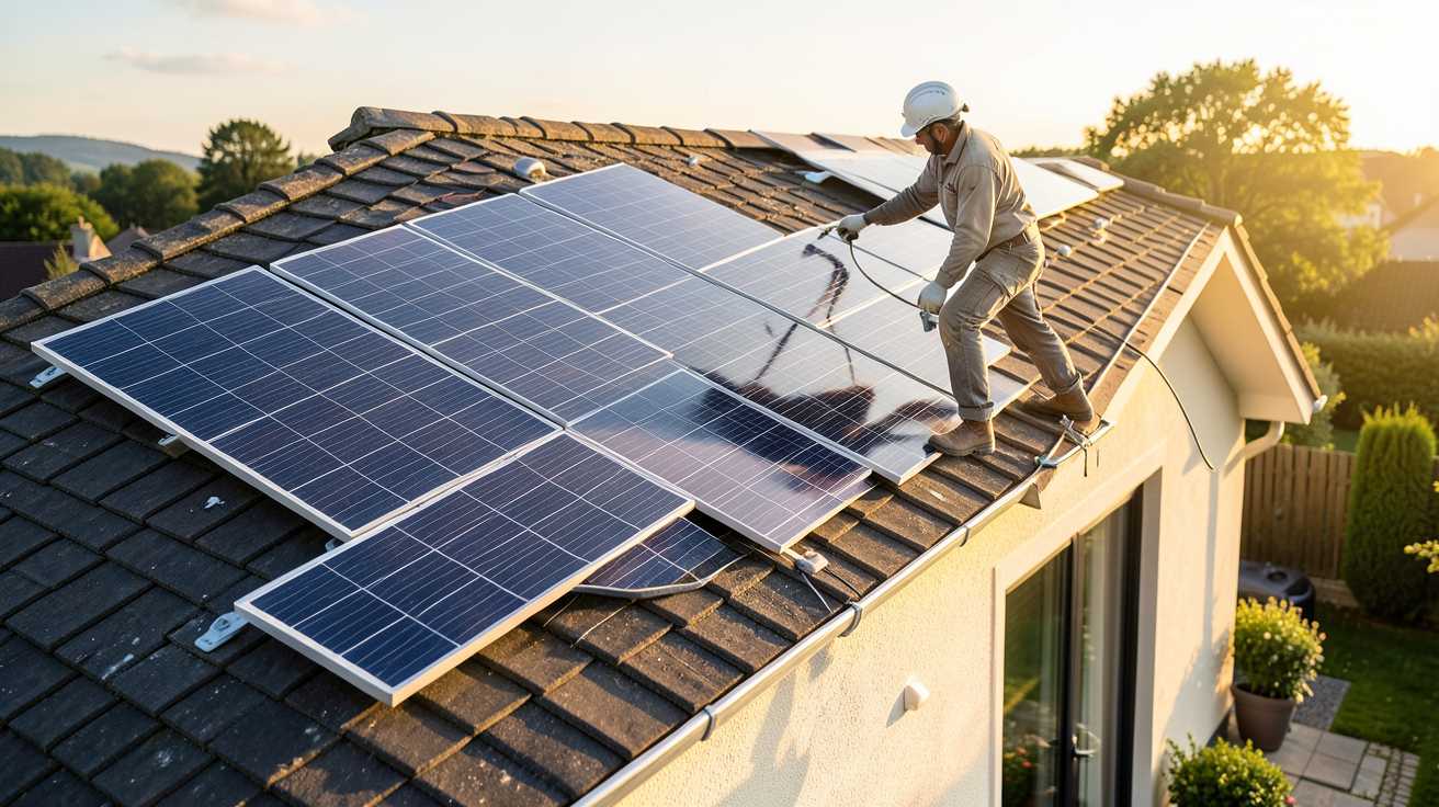 verlaine photovoltaïque : technicien installant des panneaux solaires sur le toit d'une maison résidentielle