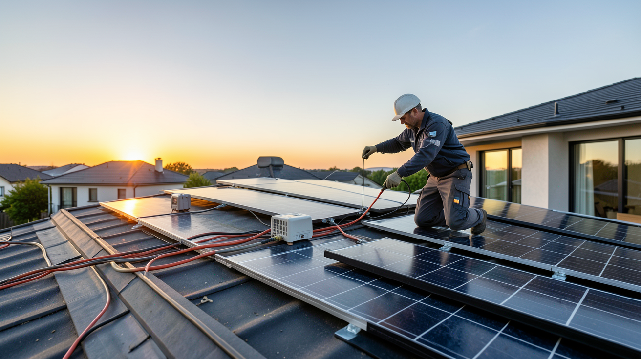verlaine photovoltaique : technicien installant des panneaux solaires sur un toit résidentiel