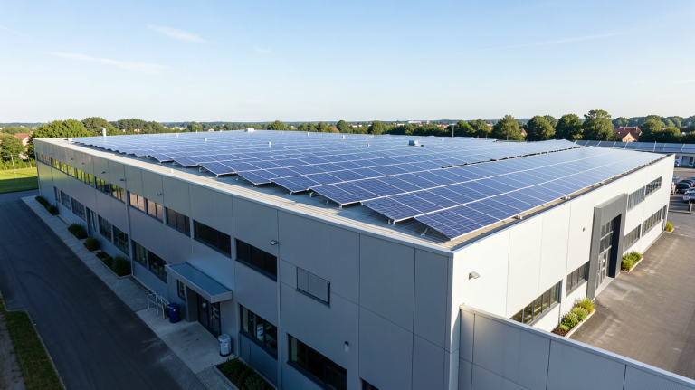 verlaine photovoltaïque installation de panneaux solaires sur le toit d'un bâtiment industriel, lumière naturelle, haute résolution