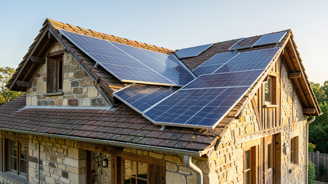 verlaine photovoltaïque panneaux solaires sur toit de maison vernaculaire en pierre et bois sous ciel dégagé