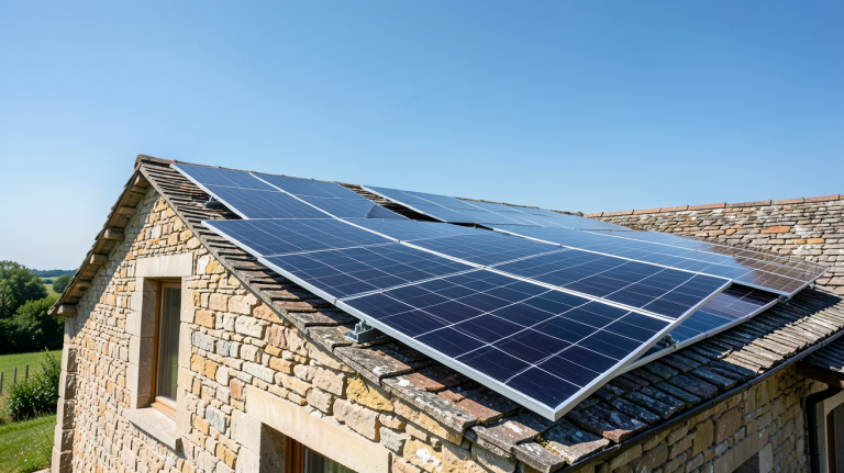 verlaine photovoltaique installation de panneaux solaires sur une toiture de maison rurale en pierre sous un ciel bleu clair