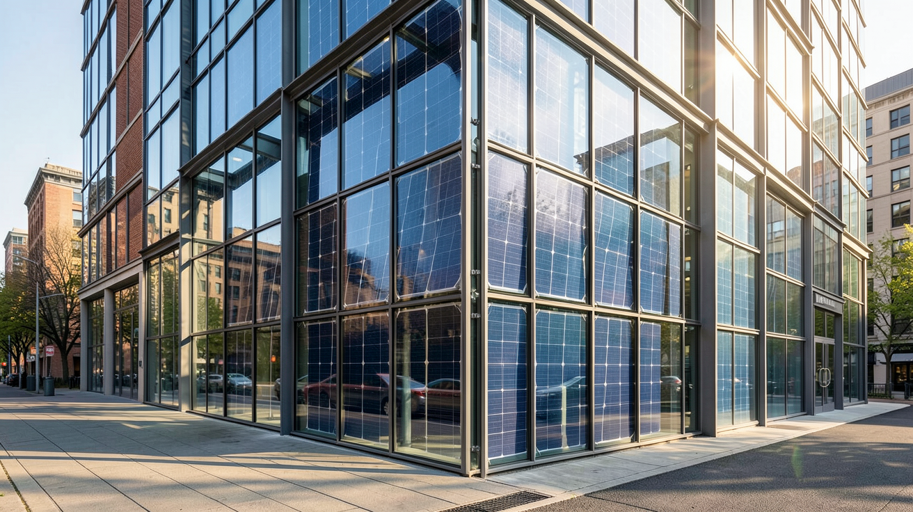verre photovoltaïque utilisé en façade architecturale sur un bâtiment moderne