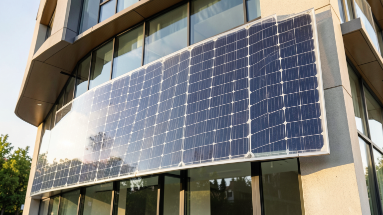 verre photovoltaïque intégré à la façade d'un bâtiment moderne avec cellules solaires transparentes