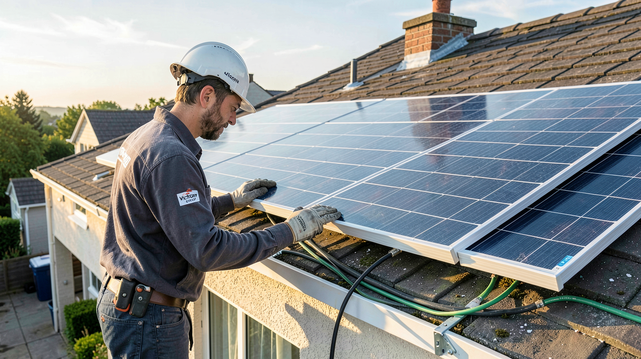 victron energy panneau solaire installation par un technicien sur un toit résidentiel