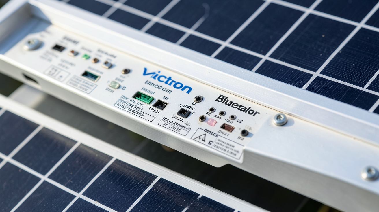victron panneau solaire BlueSolar en gros plan montrant les caractéristiques techniques comme les connecteurs MC4 et les cellules monocristallines