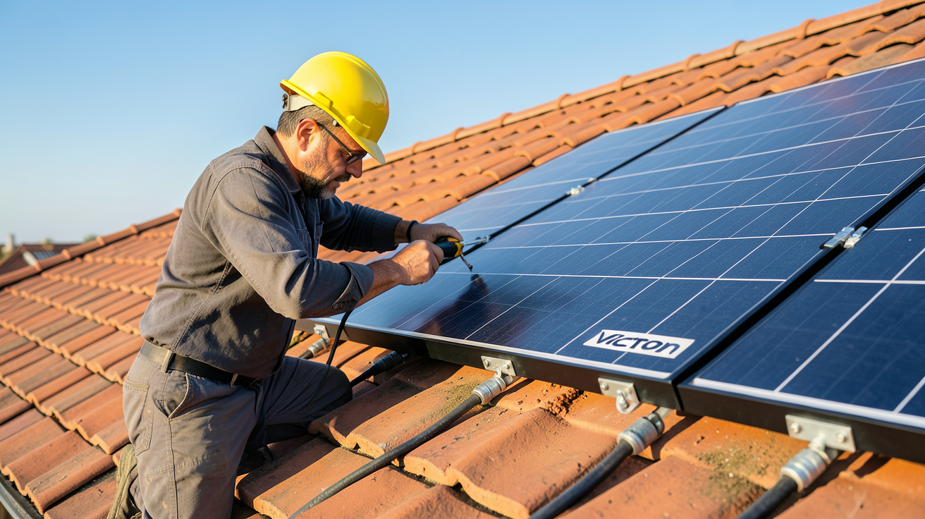 victron panneau solaire en cours d'installation sur une toiture résidentielle